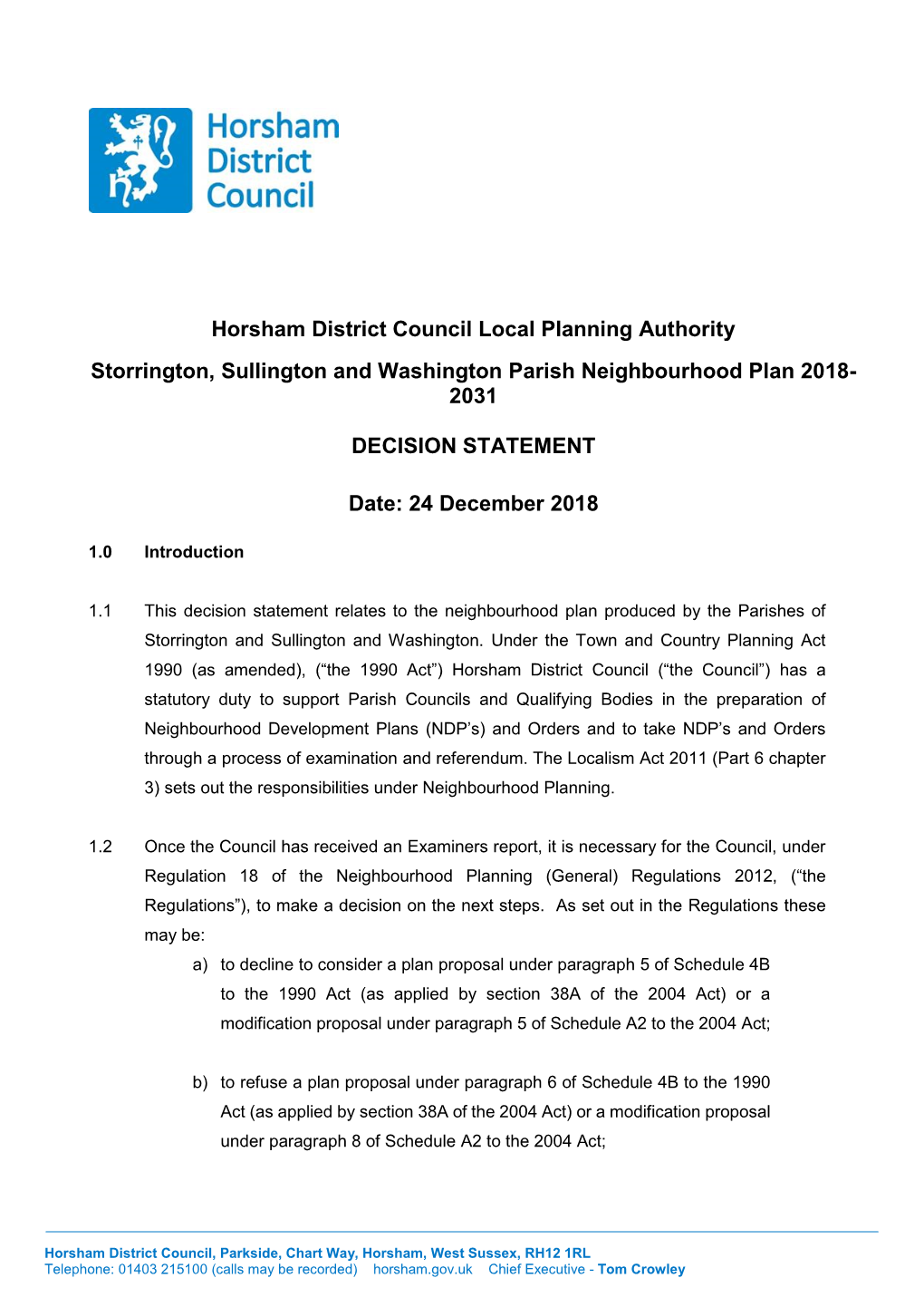 Horsham District Council Local Planning Authority Storrington, Sullington and Washington Parish Neighbourhood Plan 2018- 2031 DE