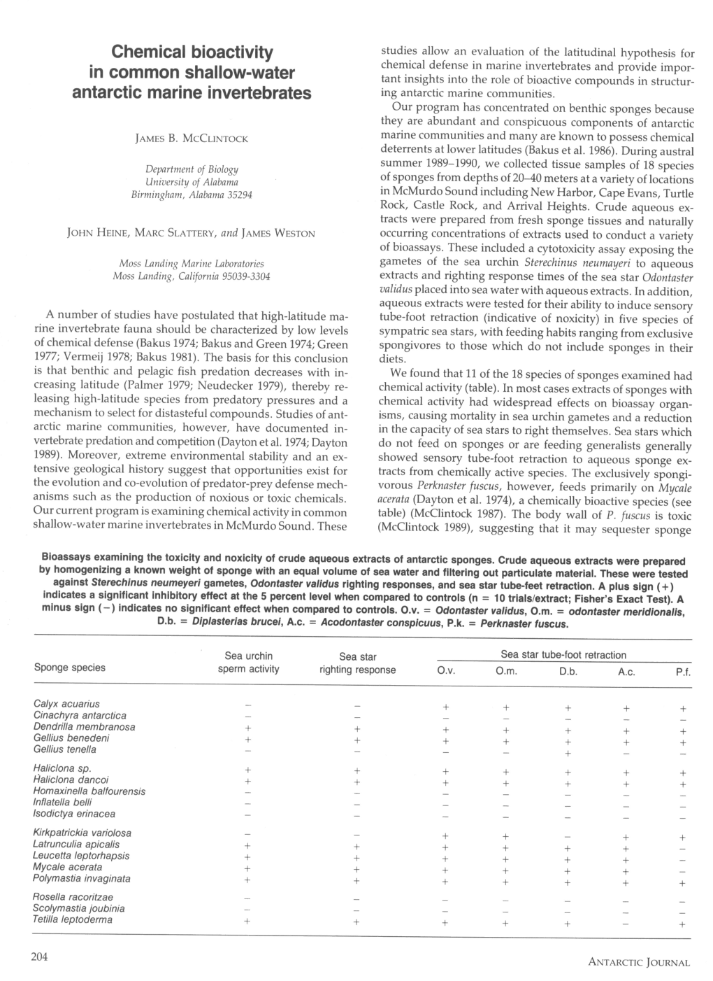 Chemical Bioactivity in Common Shallow-Water Antarctic Marine Invertebrates