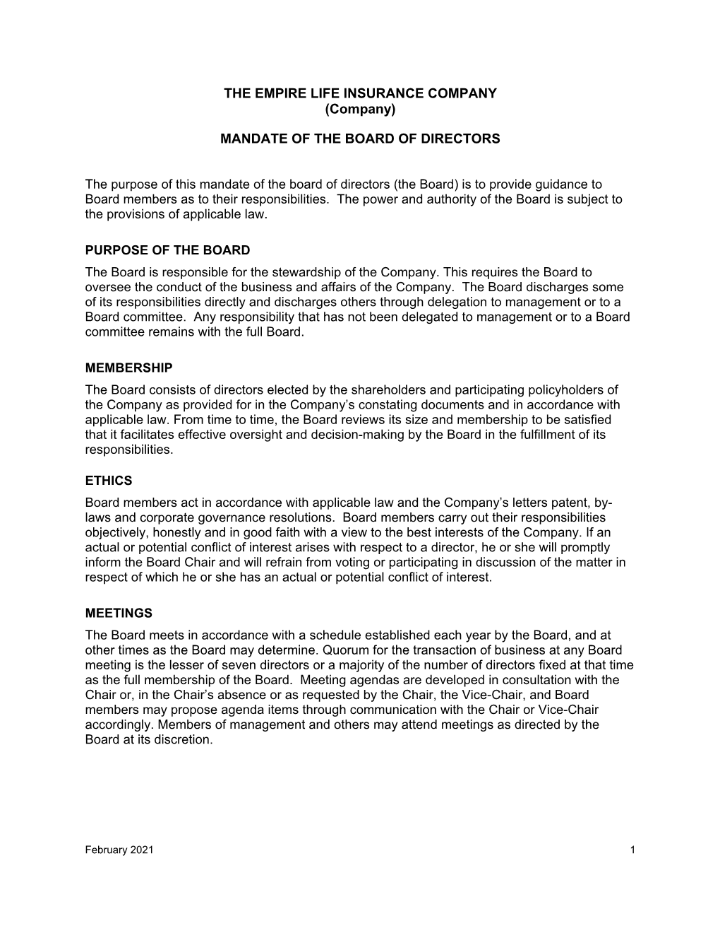 Mandate of the Board of Directors