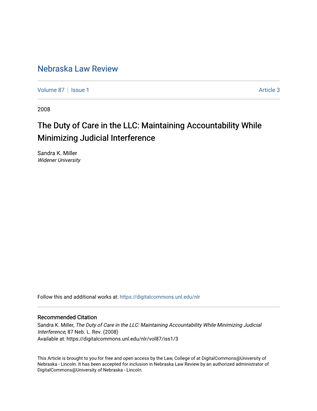 The Duty of Care in the LLC: Maintaining Accountability While Minimizing Judicial Interference