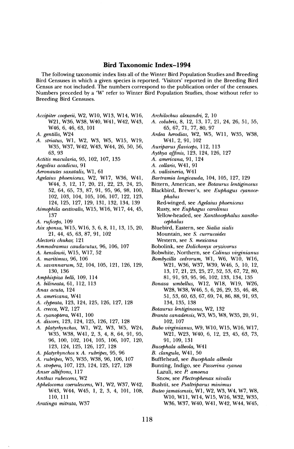 Bird Taxonomic Index-1994 the Followingtaxonomic Index Listsall of the Winter Bird Populationstudies and Breeding Bird Censusesin Which a Given Speciesis Reported