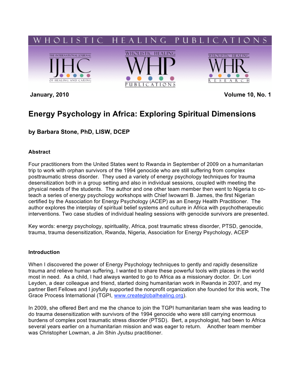 Energy Psychology in Africa: Exploring Spiritual Dimensions by Barbara Stone, Phd, LISW, DCEP