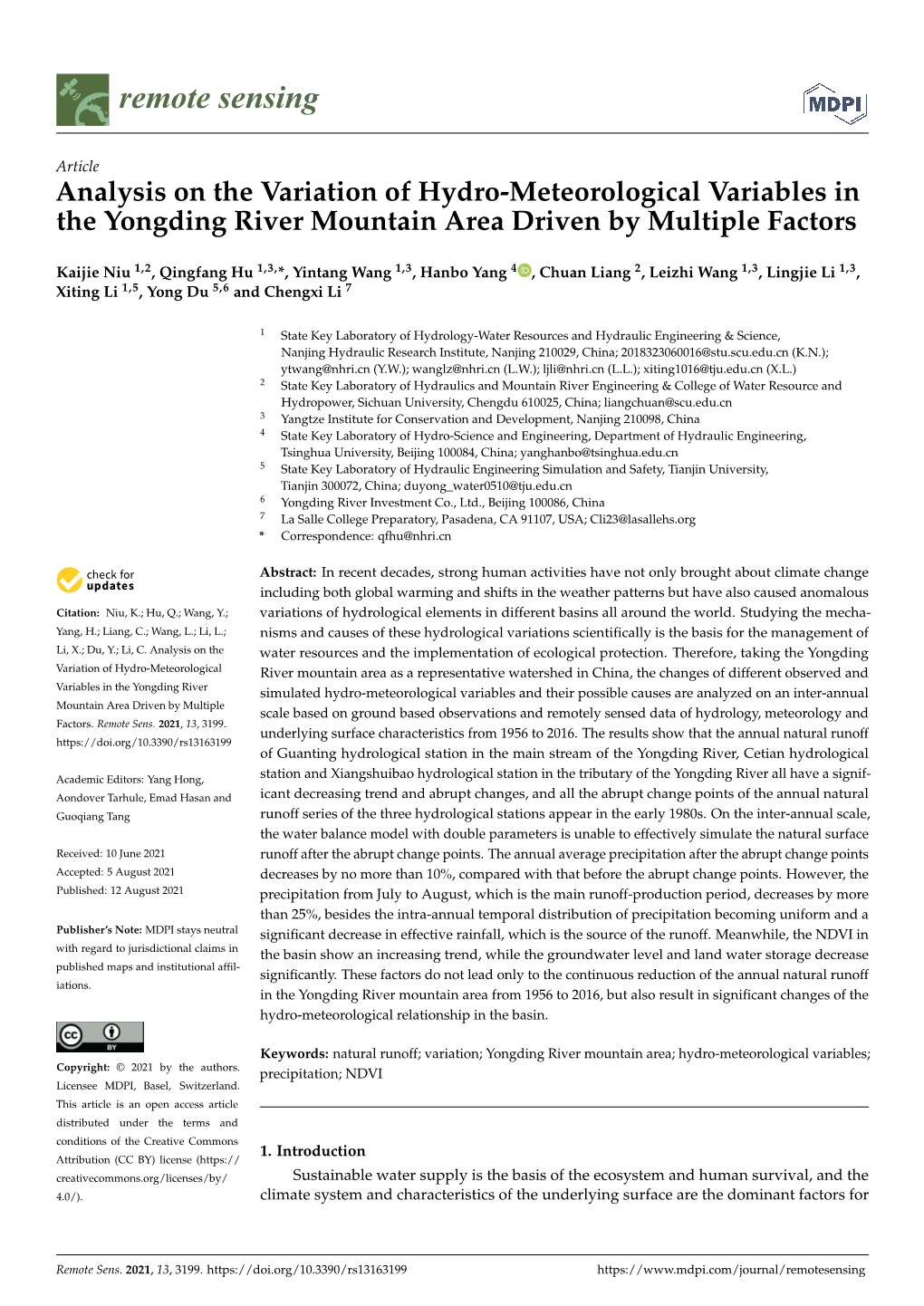 Analysis on the Variation of Hydro-Meteorological Variables in the Yongding River Mountain Area Driven by Multiple Factors