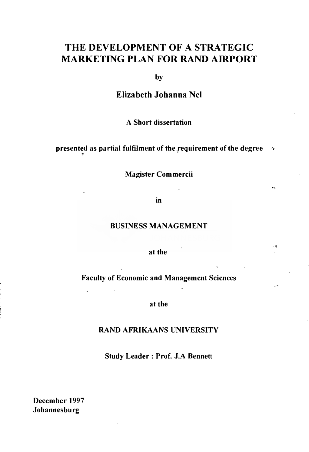 The Development of a Strategic Marketing Plan for Rand Airport