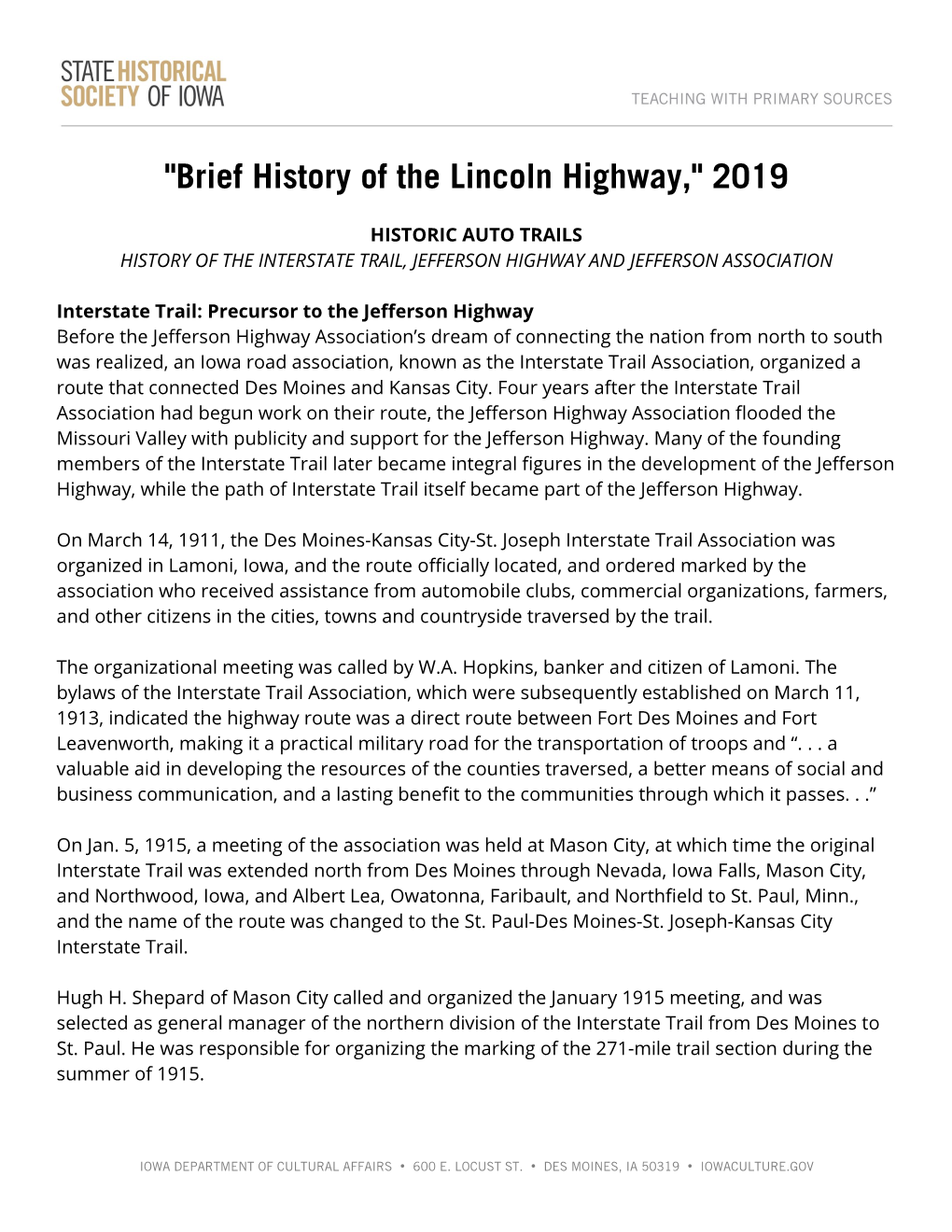 "Brief History of the Lincoln Highway," 2019