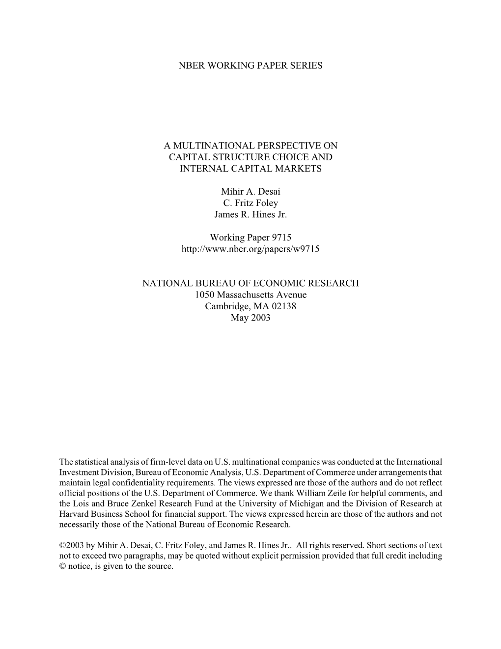 A Multinational Perspective on Capital Structure Choice and Internal Capital Markets