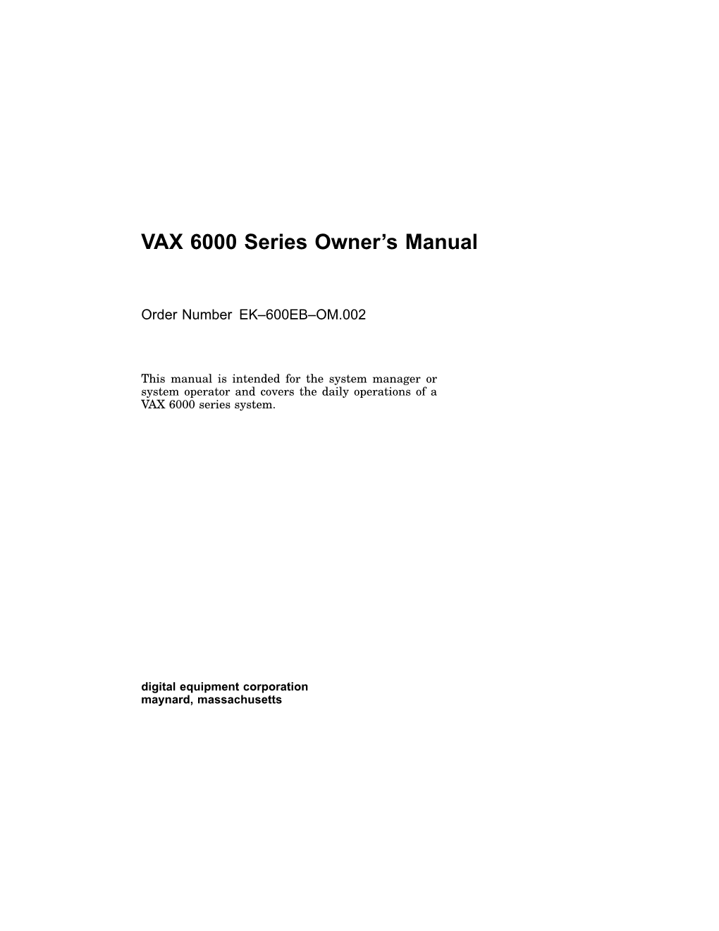 VAX 6000 Series Owner's Manual