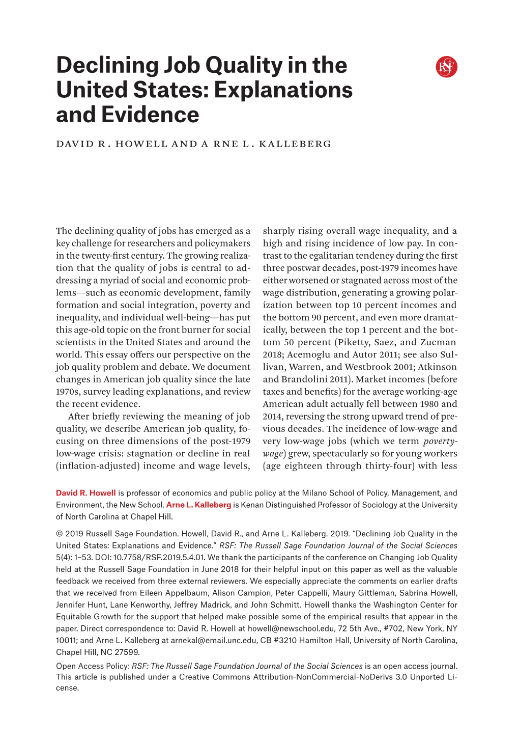 Declining Job Quality in the United States: Explanations and Evidence David R