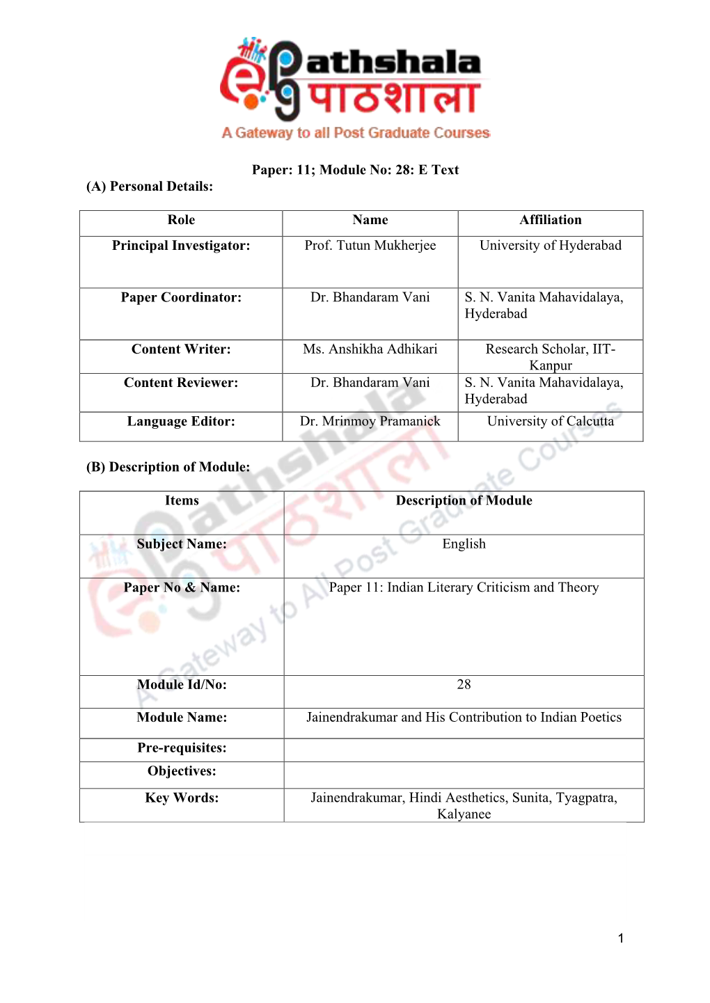 Paper: 11; Module No: 28: E Text (A) Personal Details