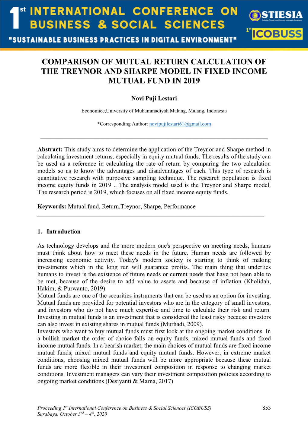 Comparison of Mutual Return Calculation of the Treynor and Sharpe Model in Fixed Income Mutual Fund in 2019