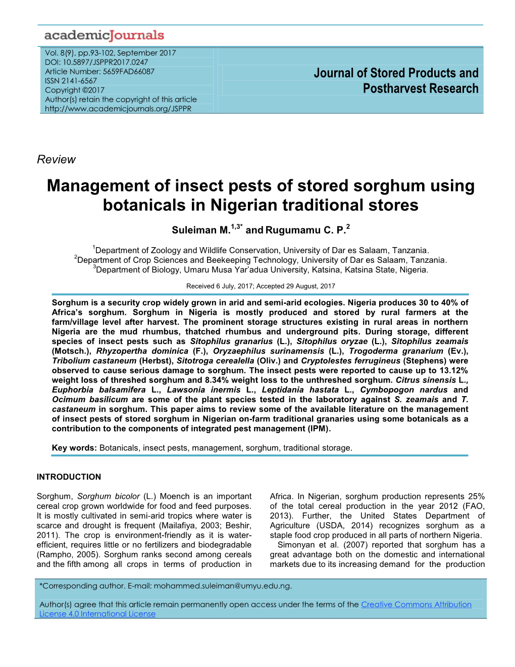 Management of Insect Pests of Stored Sorghum Using Botanicals in Nigerian Traditional Stores