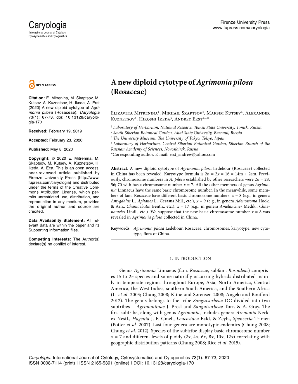 Caryologia International Journal of Cytology, Cytosystematics and Cytogenetics