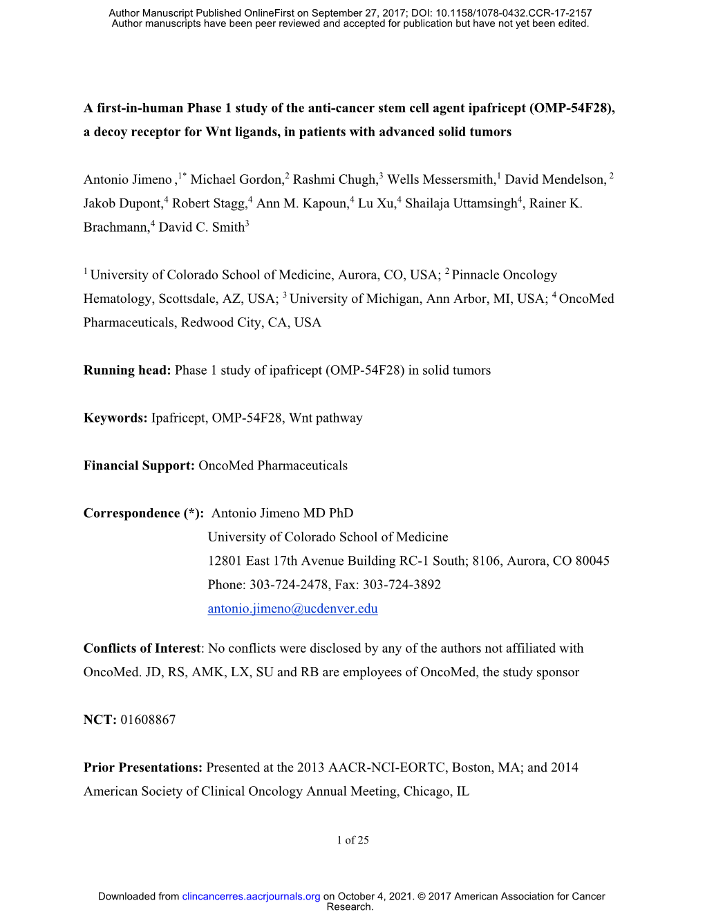 A First-In-Human Phase 1 Study of the Anti-Cancer Stem Cell Agent Ipafricept (OMP-54F28), a Decoy Receptor for Wnt Ligands, in Patients with Advanced Solid Tumors