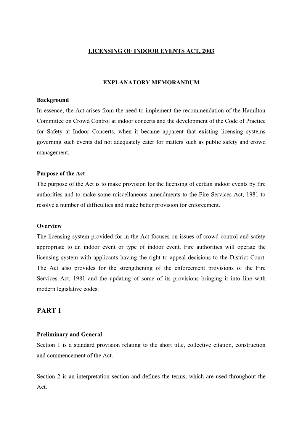 Licensing of Indoor Events Bill, 2001