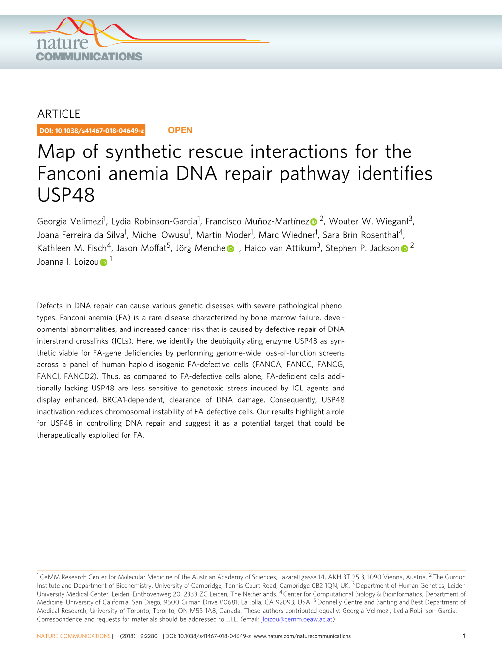 Map of Synthetic Rescue Interactions for the Fanconi Anemia DNA Repair Pathway Identiﬁes USP48