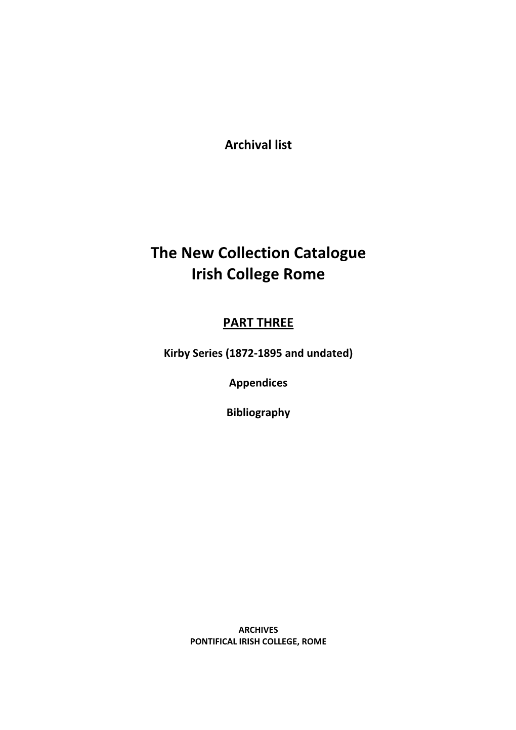 New Collection Catalogue Irish College Rome