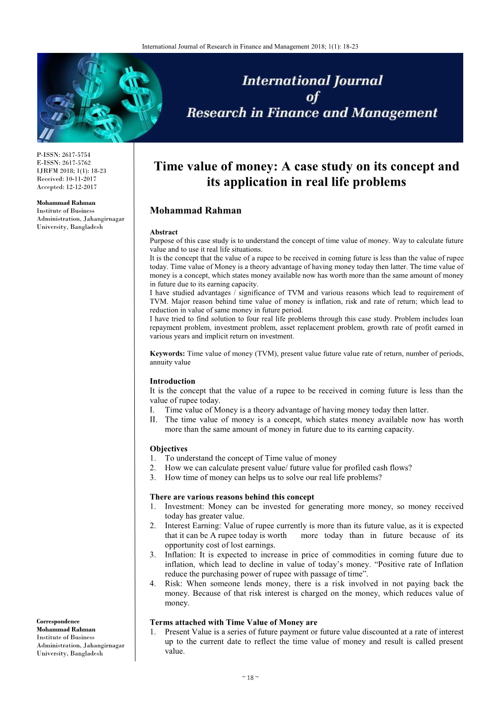 Time Value of Money: a Case Study on Its Concept and Received: 10-11-2017 Accepted: 12-12-2017 Its Application in Real Life Problems