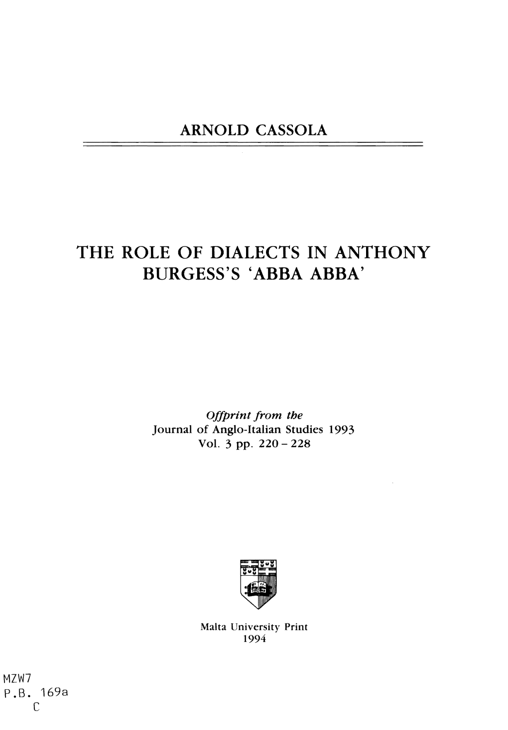 The Role of Dialects in Anthony Burgess's 'Abba Abba'