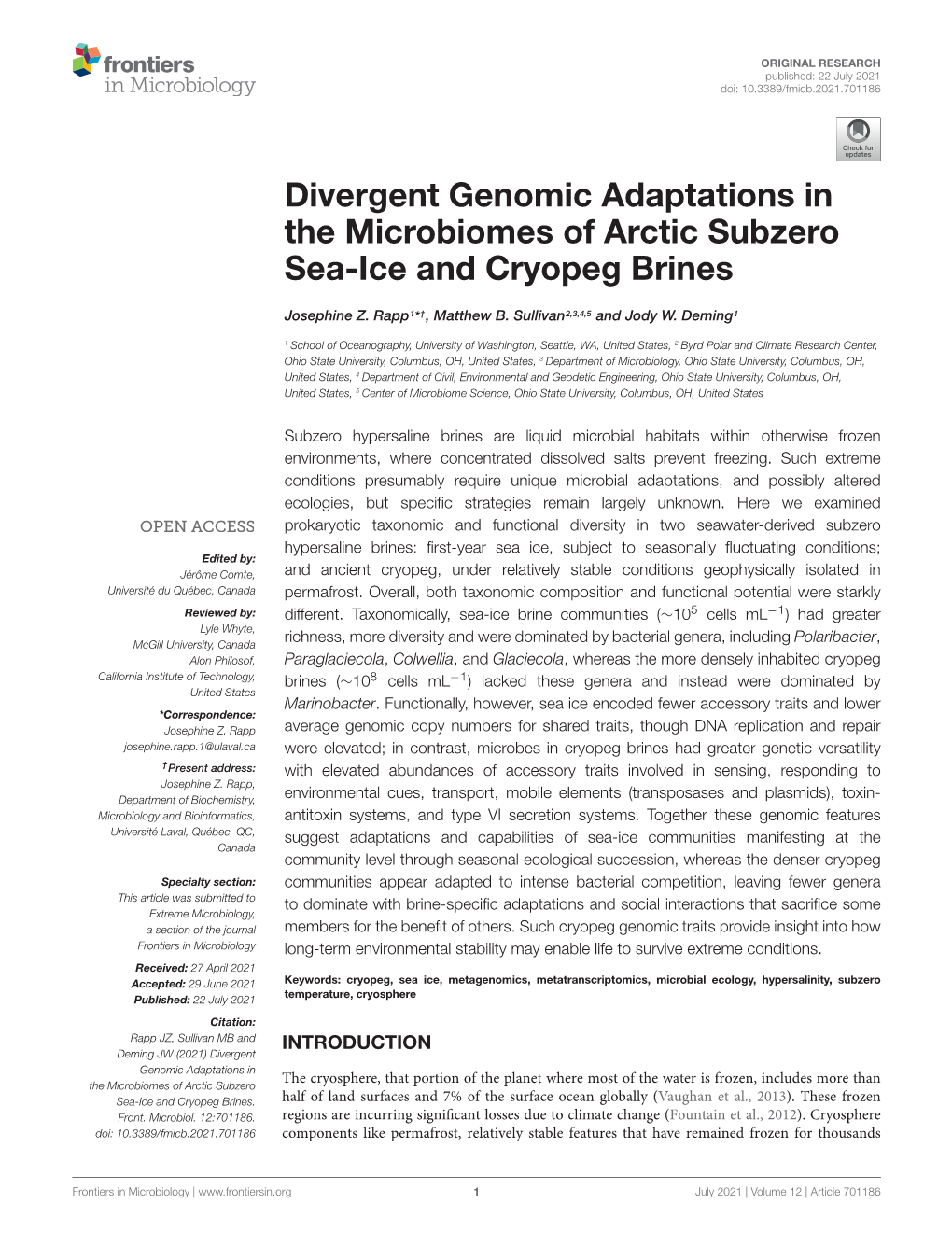 Divergent Genomic Adaptations in the Microbiomes of Arctic Subzero Sea-Ice and Cryopeg Brines