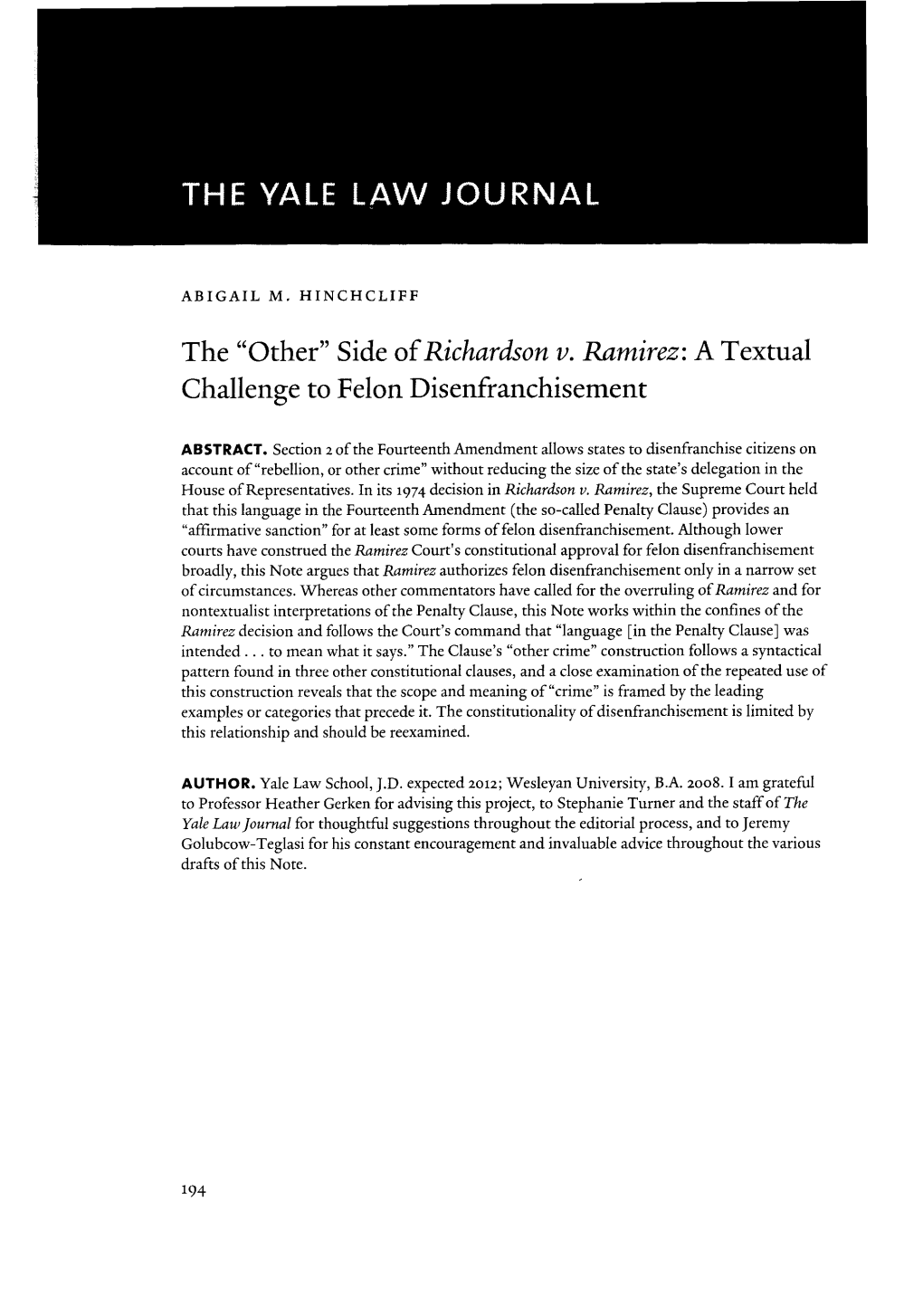 The "Other" Side of Richardson V. Ramirez: a Textual Challenge to Felon Disenfranchisement