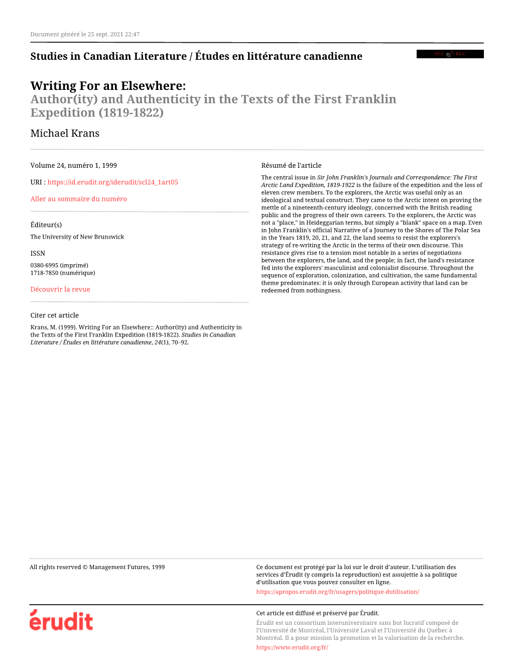 And Authenticity in the Texts of the First Franklin Expedition (1819-1822) Michael Krans