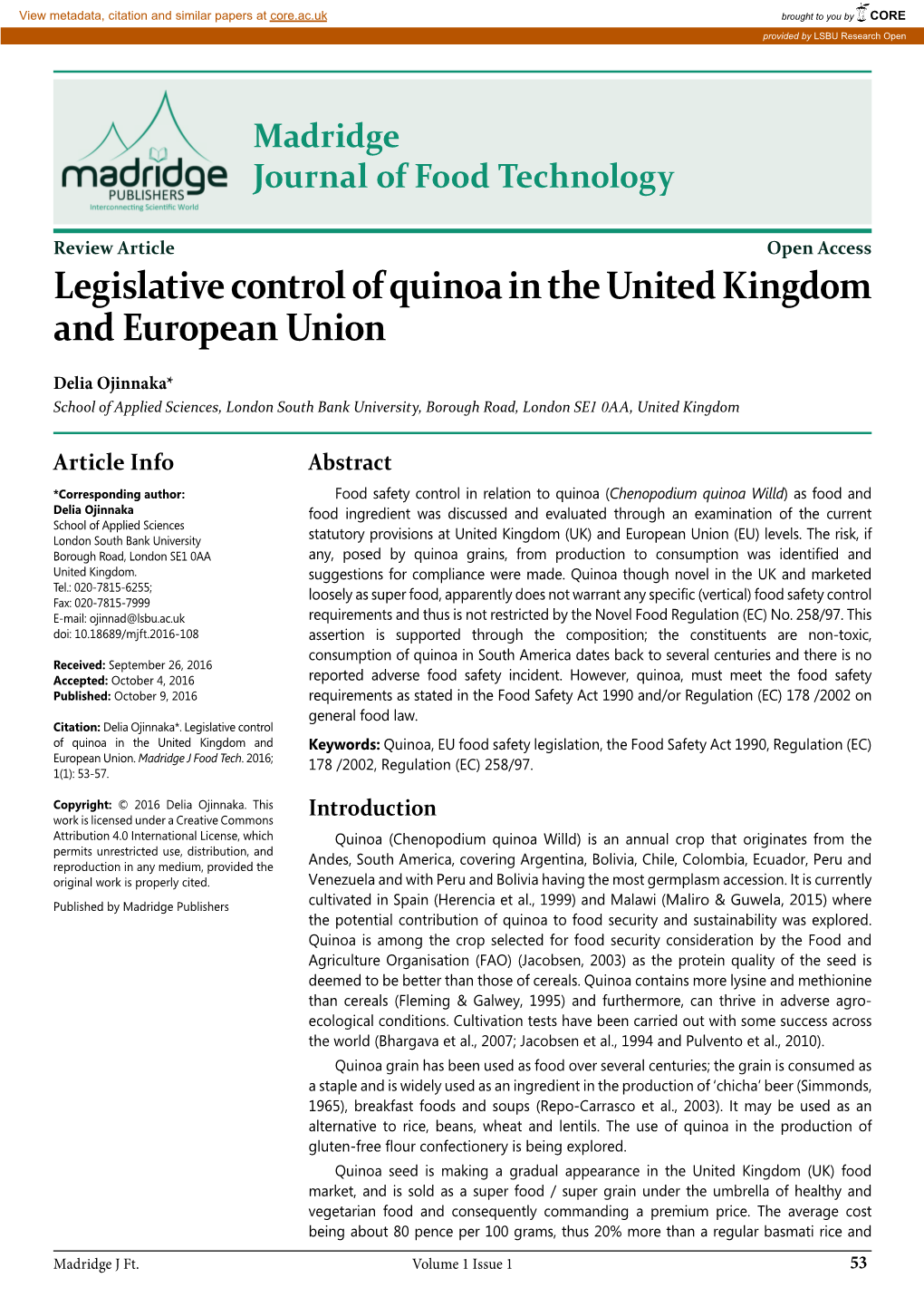 Legislative Control of Quinoa in the United Kingdom and European Union