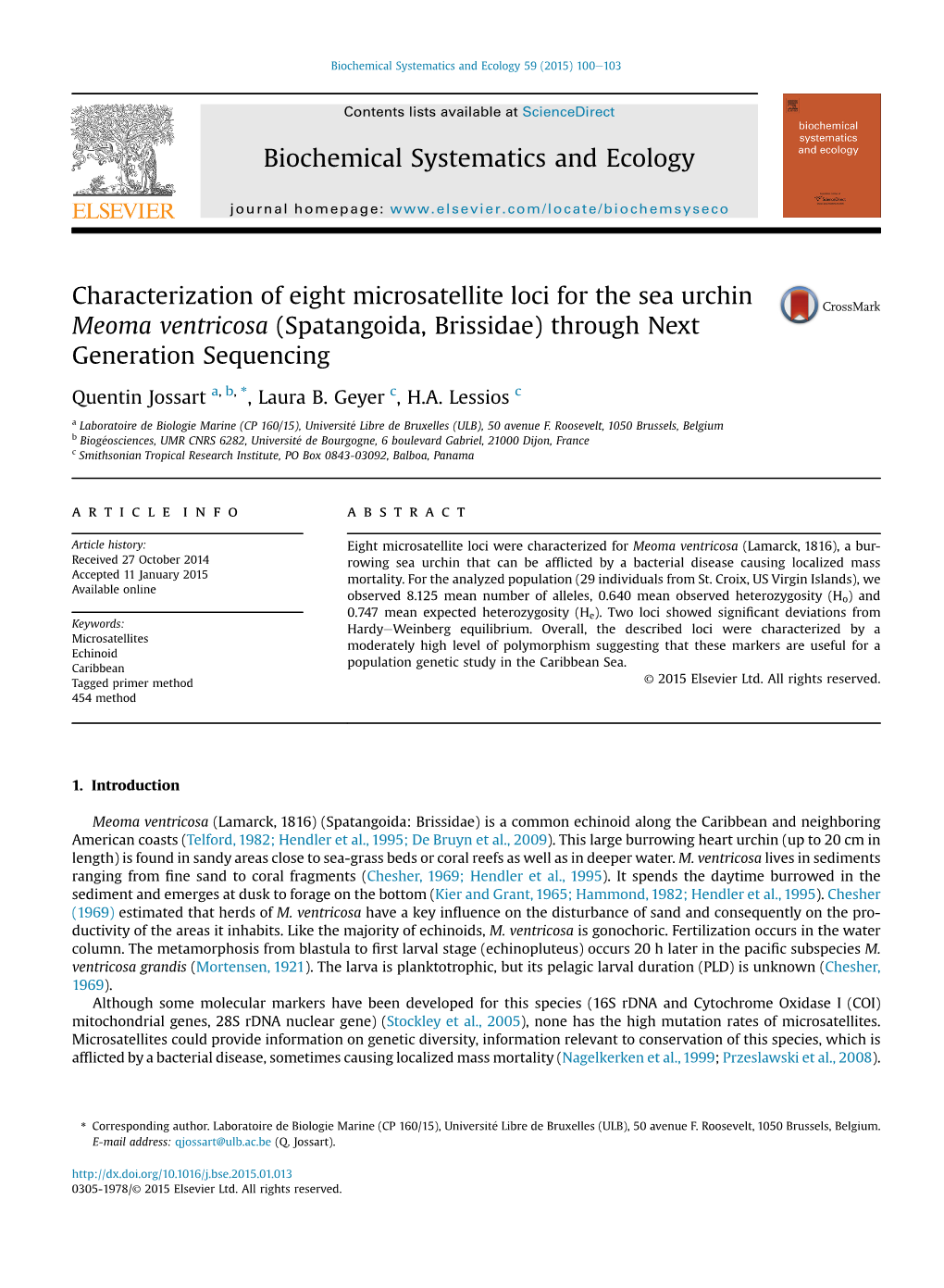 Characterization of Eight Microsatellite Loci for the Sea Urchin Meoma Ventricosa (Spatangoida, Brissidae) Through Next Generation Sequencing