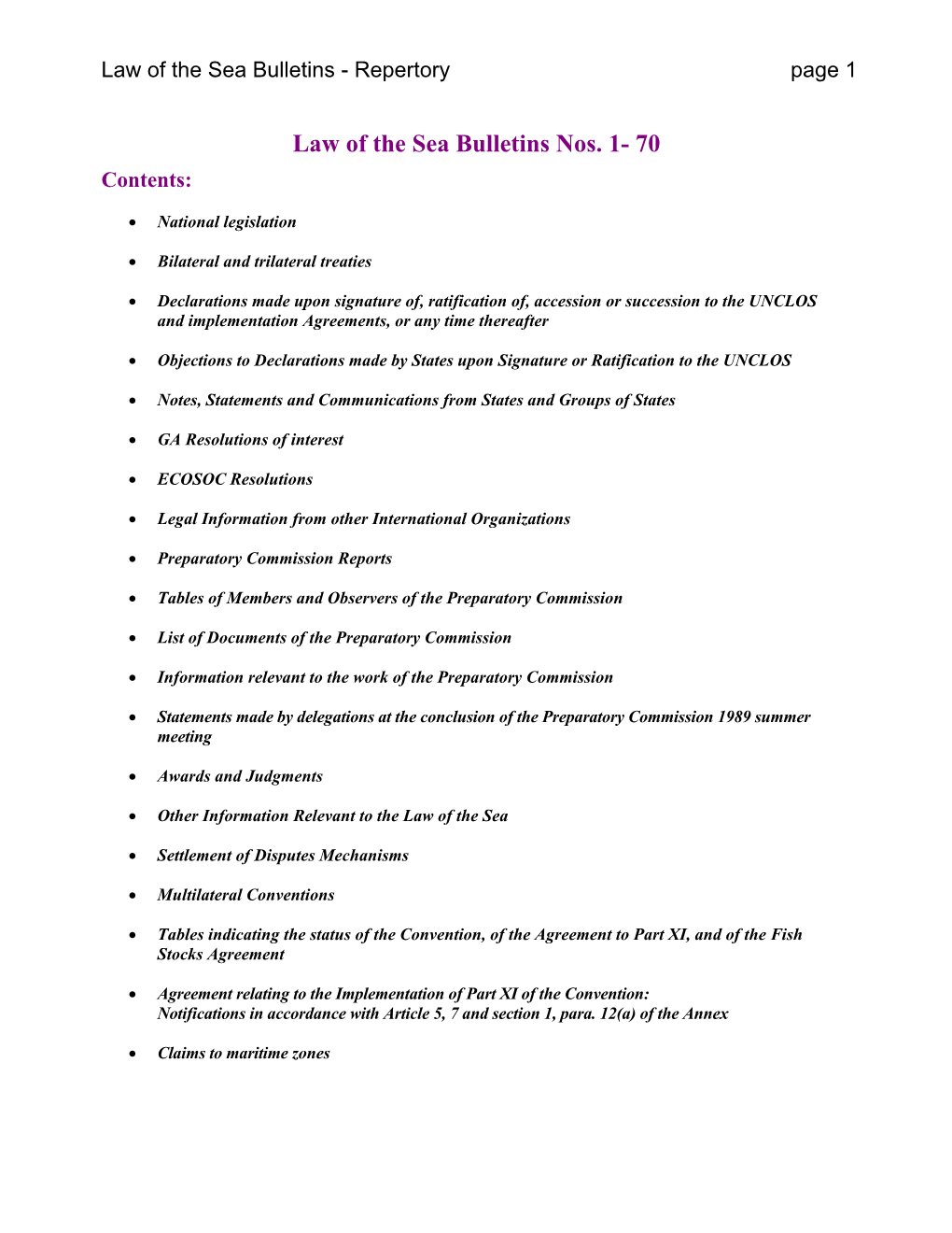 Law of the Sea Bulletins Nos. 1- 70 Contents