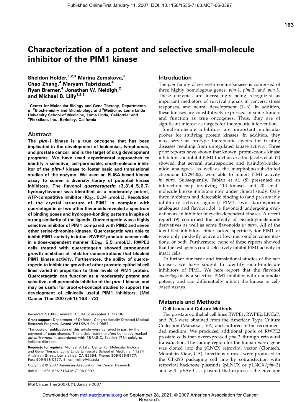 Characterization of a Potent and Selective Small-Molecule Inhibitor of the PIM1 Kinase