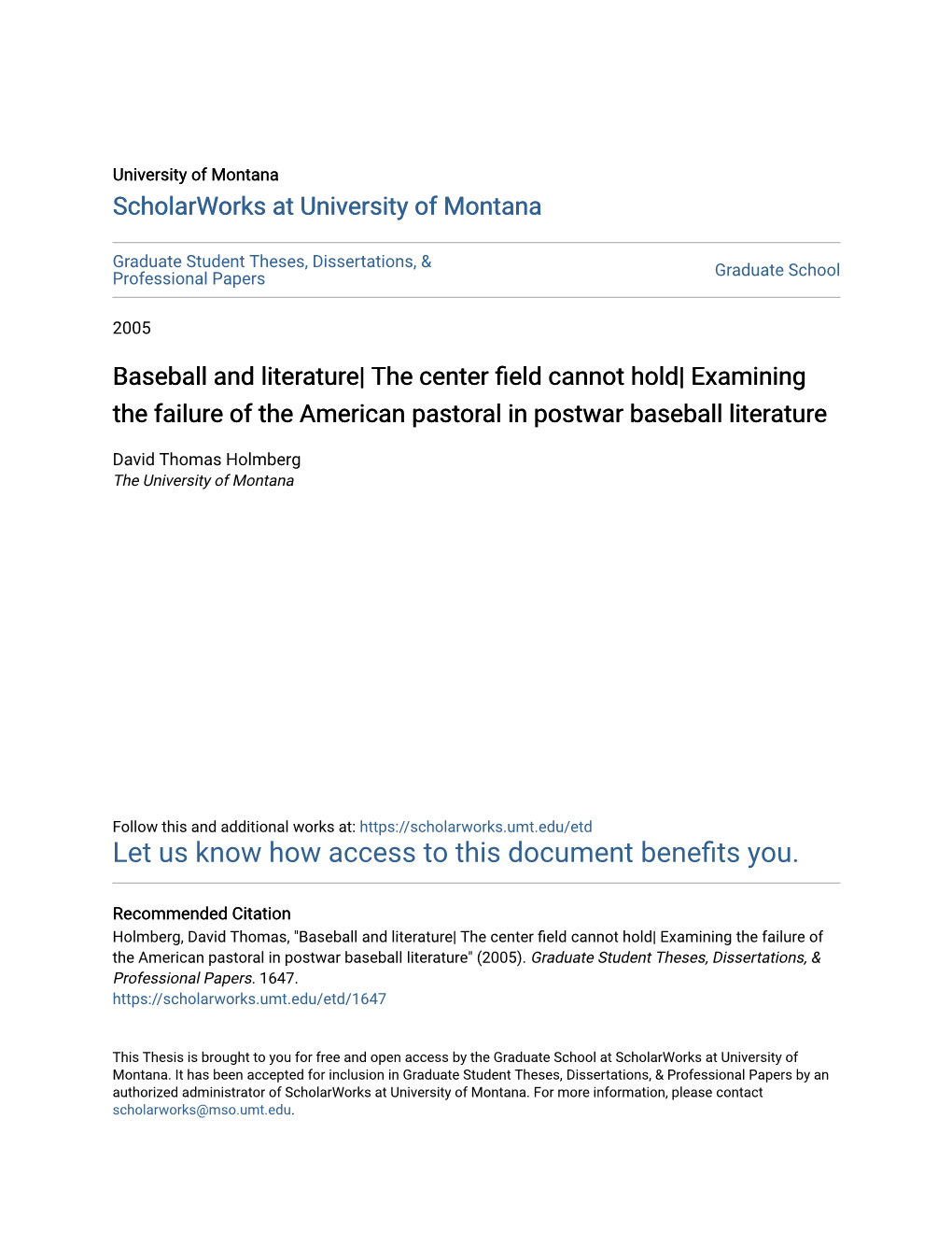 Baseball and Literature| the Center Field Cannot Hold| Examining the Failure of the American Pastoral in Postwar Baseball Literature