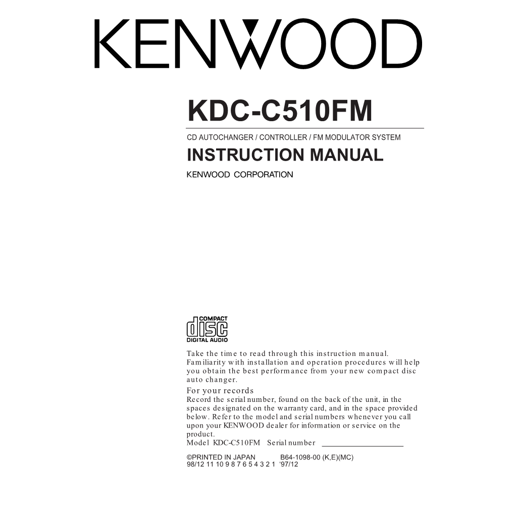 Kdc-C510fm Cd Autochanger / Controller / Fm Modulator System Instruction Manual
