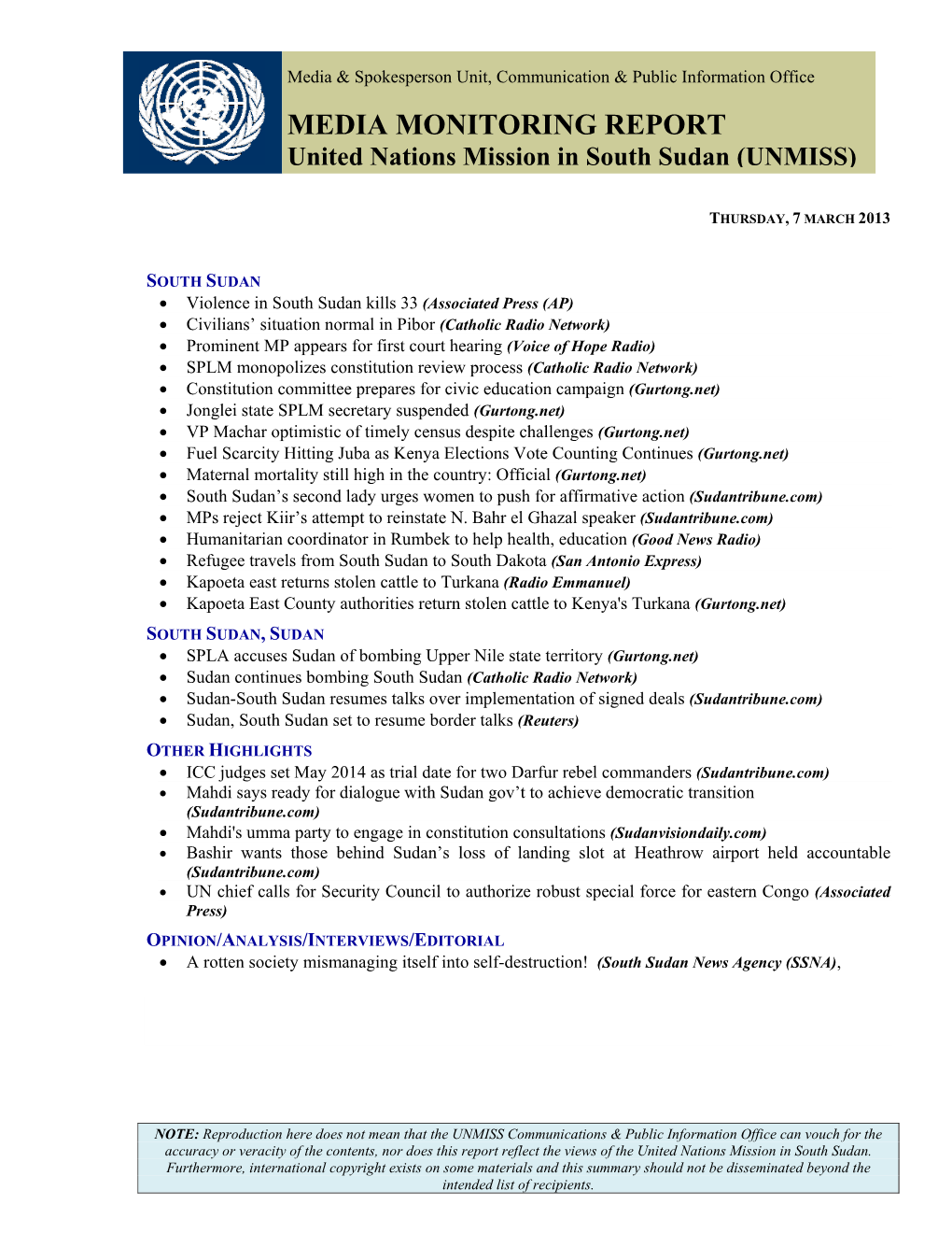 MEDIA MONITORING REPORT United Nations Mission in South Sudan (UNMISS)