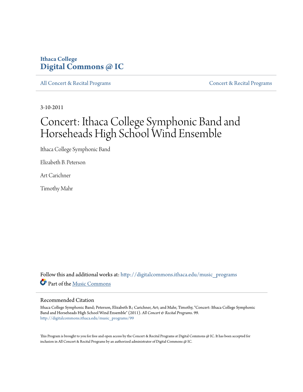 Concert: Ithaca College Symphonic Band and Horseheads High School Wind Ensemble Ithaca College Symphonic Band
