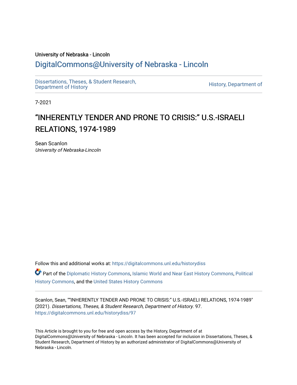 Â•Œinherently Tender and Prone to Crisis:Â•Š U.S.-Israeli Relations, 1974-1989