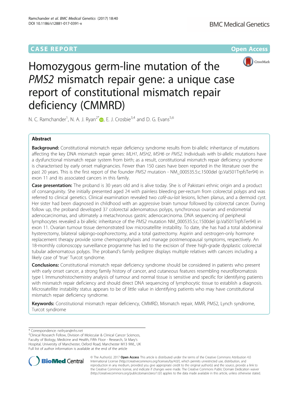 Homozygous Germ-Line Mutation of the PMS2 Mismatch Repair Gene: a Unique Case Report of Constitutional Mismatch Repair Deficiency (CMMRD) N