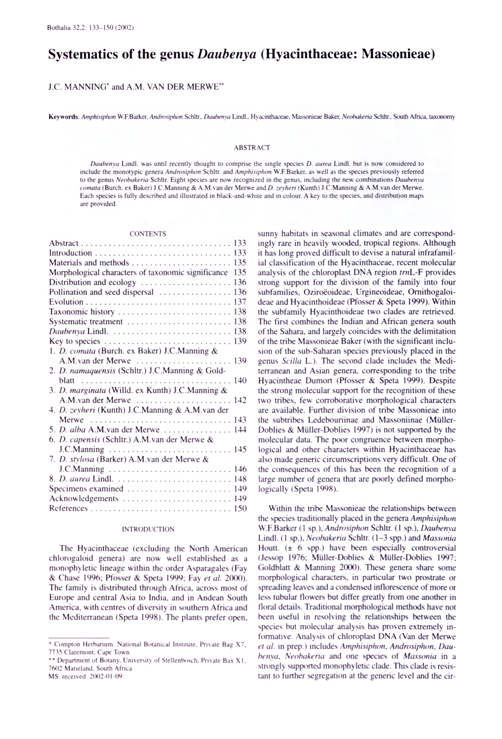 Systematics of the Genus Daubenya (Hyacinthaceae: Massonieae)