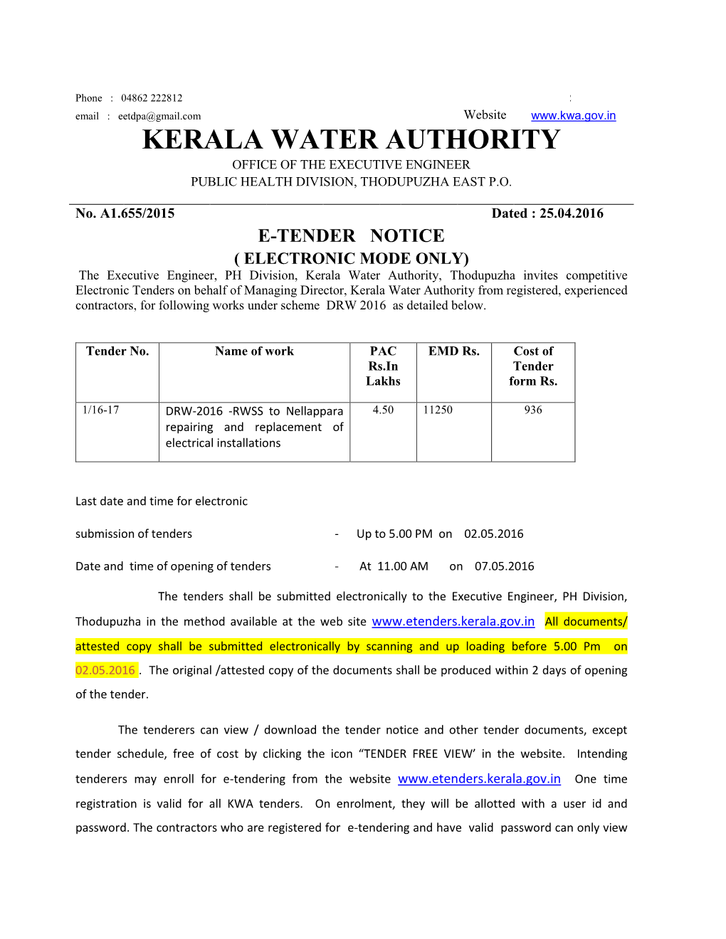 Kerala Water Authority Office of the Executive Engineer Public Health Division, Thodupuzha East P.O