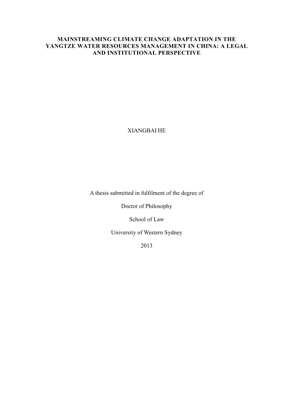 Mainstreaming Climate Change Adaptation in the Yangtze Water Resources Management in China: a Legal and Institutional Perspective