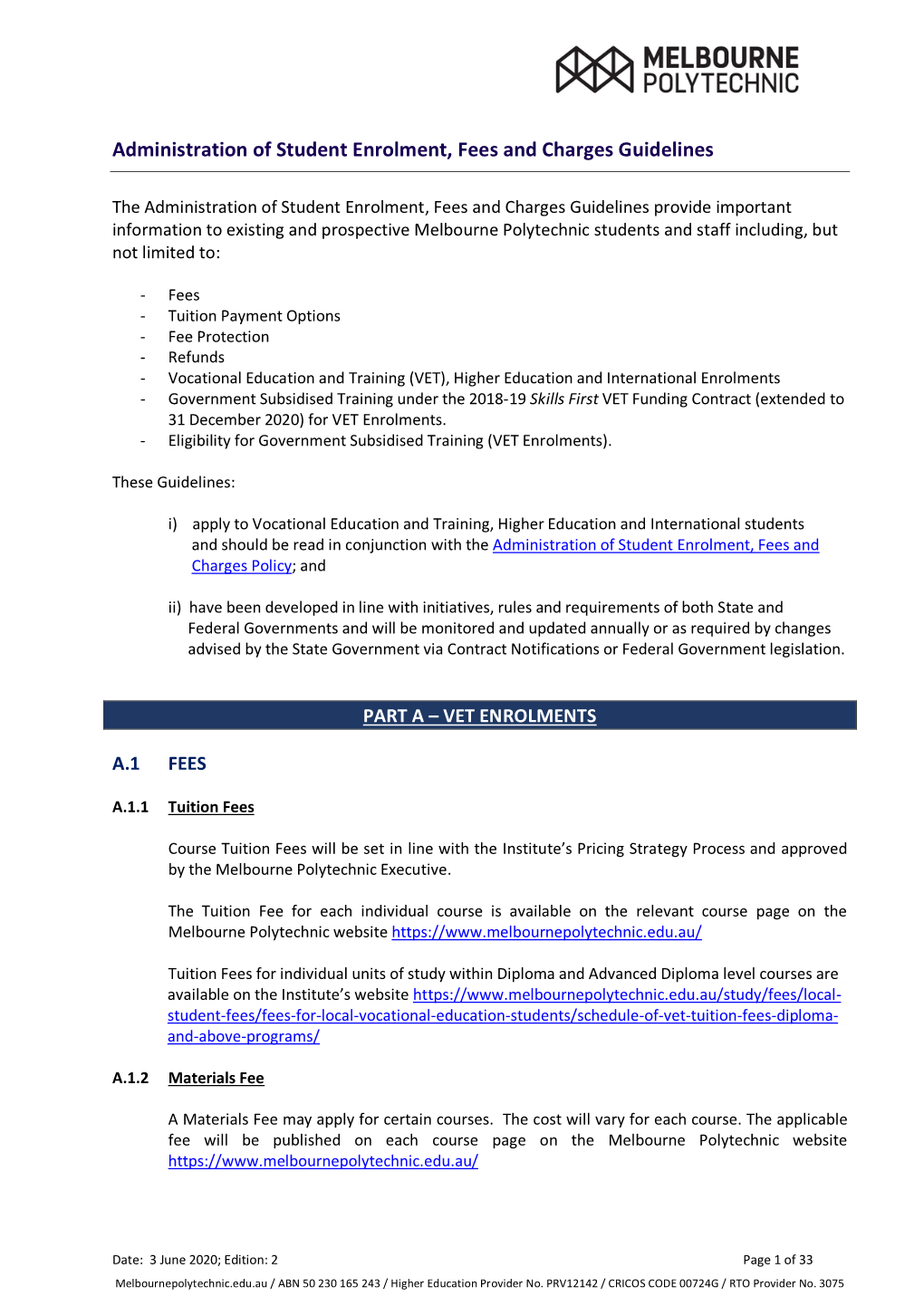 Administration of Student Enrolment, Fees and Charges Guidelines