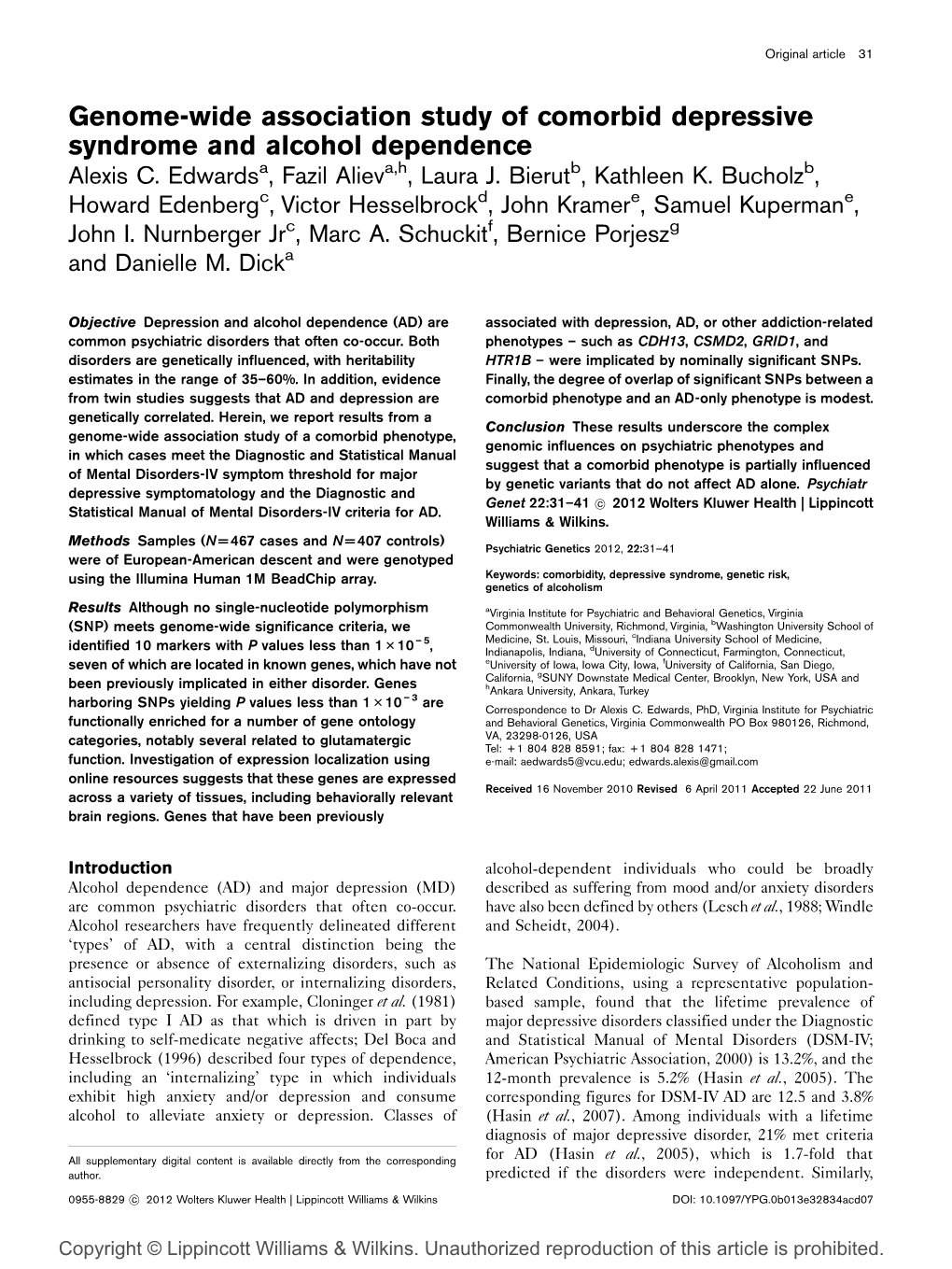 Genome-Wide Association Study of Comorbid Depressive Syndrome and Alcohol Dependence Alexis C