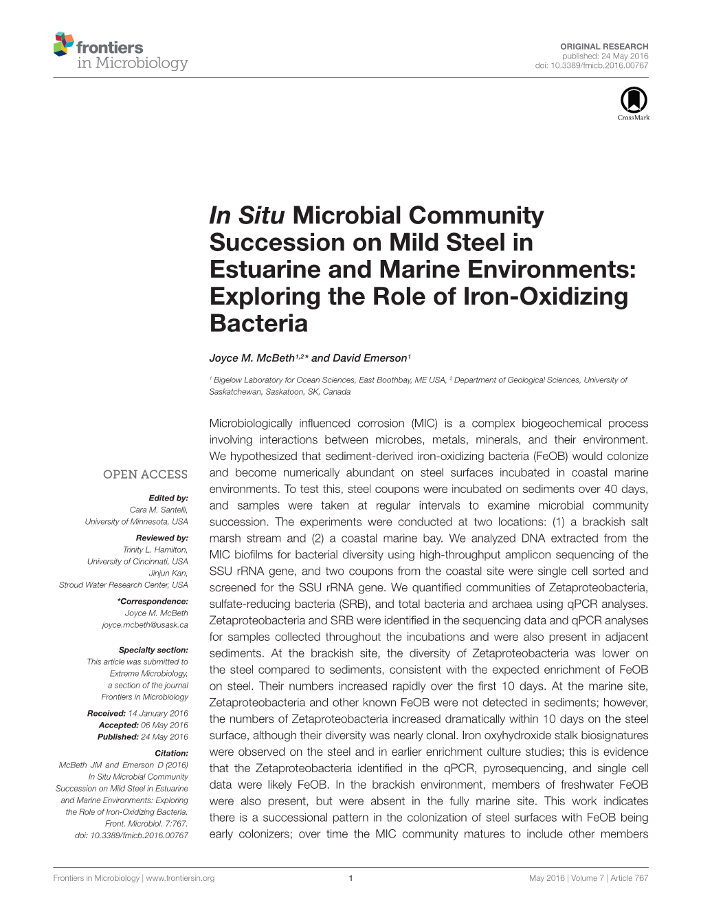 In Situ Microbial Community Succession on Mild Steel in Estuarine and Marine Environments: Exploring the Role of Iron-Oxidizing Bacteria