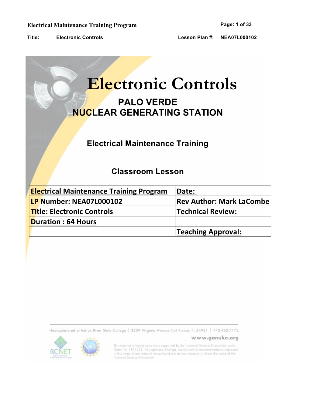 Electronic Controls Lesson Plan #: NEA07L000102