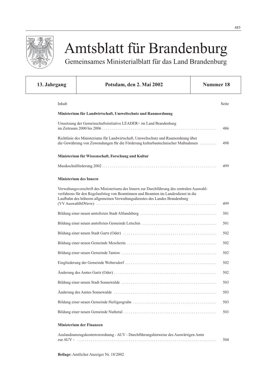 Amtsblatt Für Brandenburg, 2002, Nummer 18