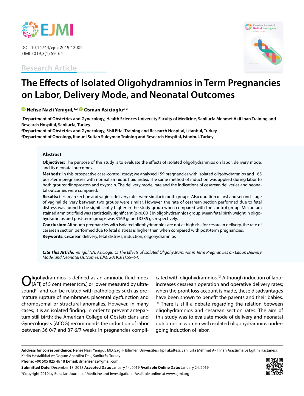The Effects of Isolated Oligohydramnios in Term Pregnancies on Labor, Delivery Mode, and Neonatal Outcomes