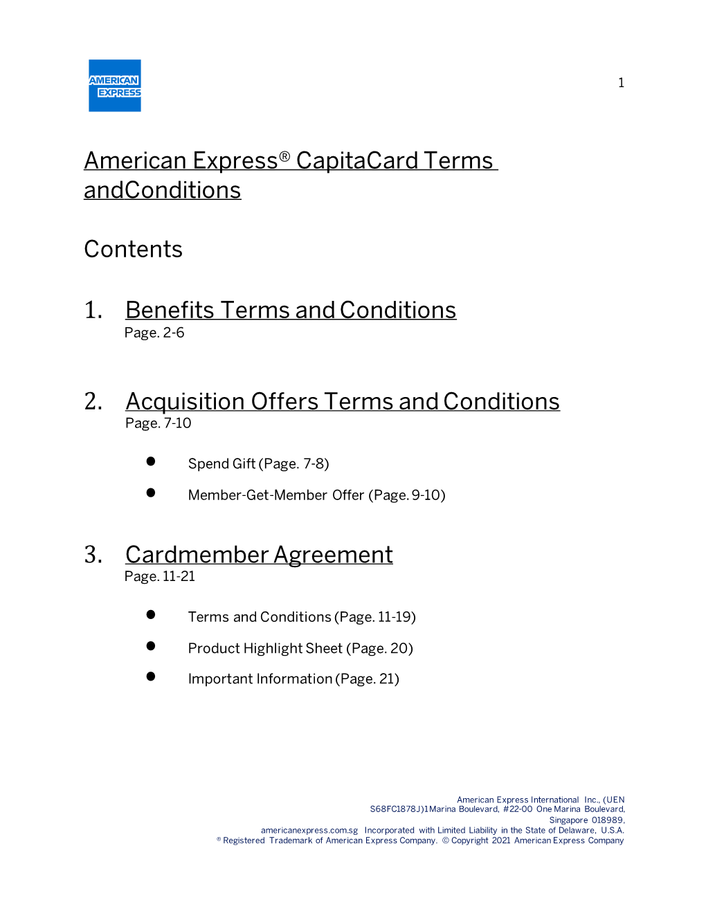 American Express® Capitacard Terms and Conditions Contents