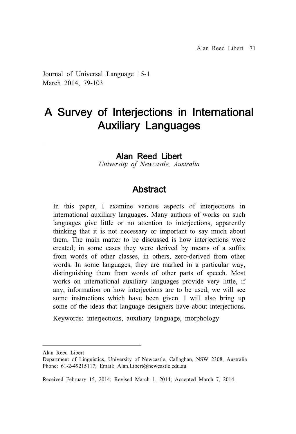 A Survey of Interjections in International Auxiliary Languages