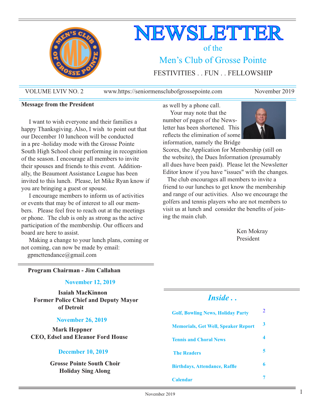 NEWSLETTER of the Men’S Club of Grosse Pointe FESTIVITIES