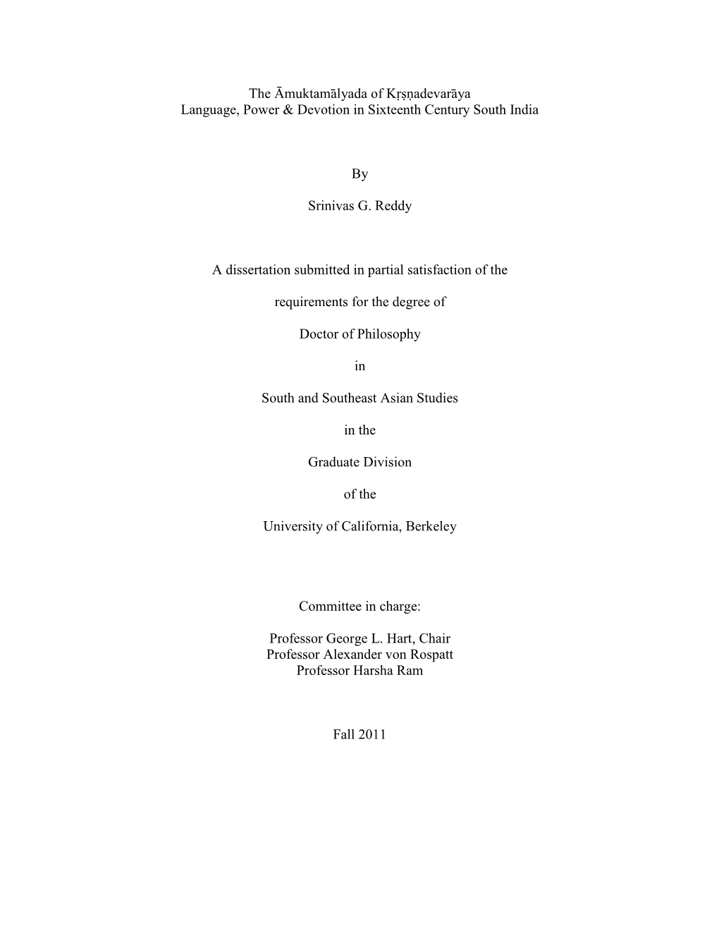 The Āmuktamālyada of Kṛṣṇadevarāya Language, Power & Devotion in Sixteenth Century South India