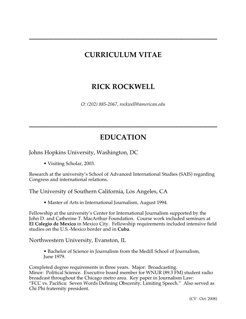 Curriculum Vitae Rick Rockwell Education