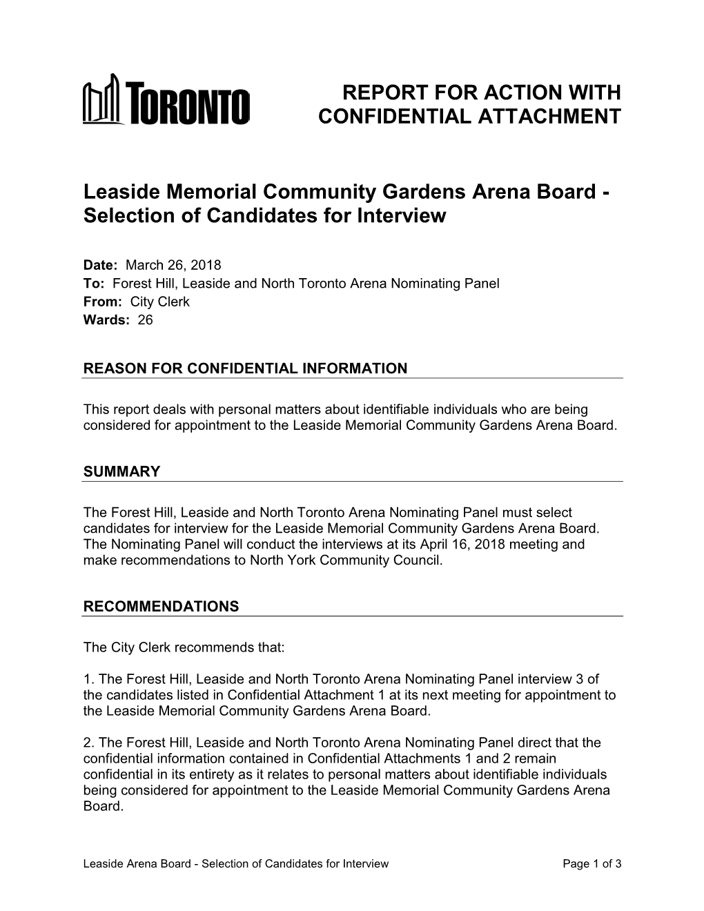 Leaside Memorial Community Gardens Arena Board - Selection of Candidates for Interview